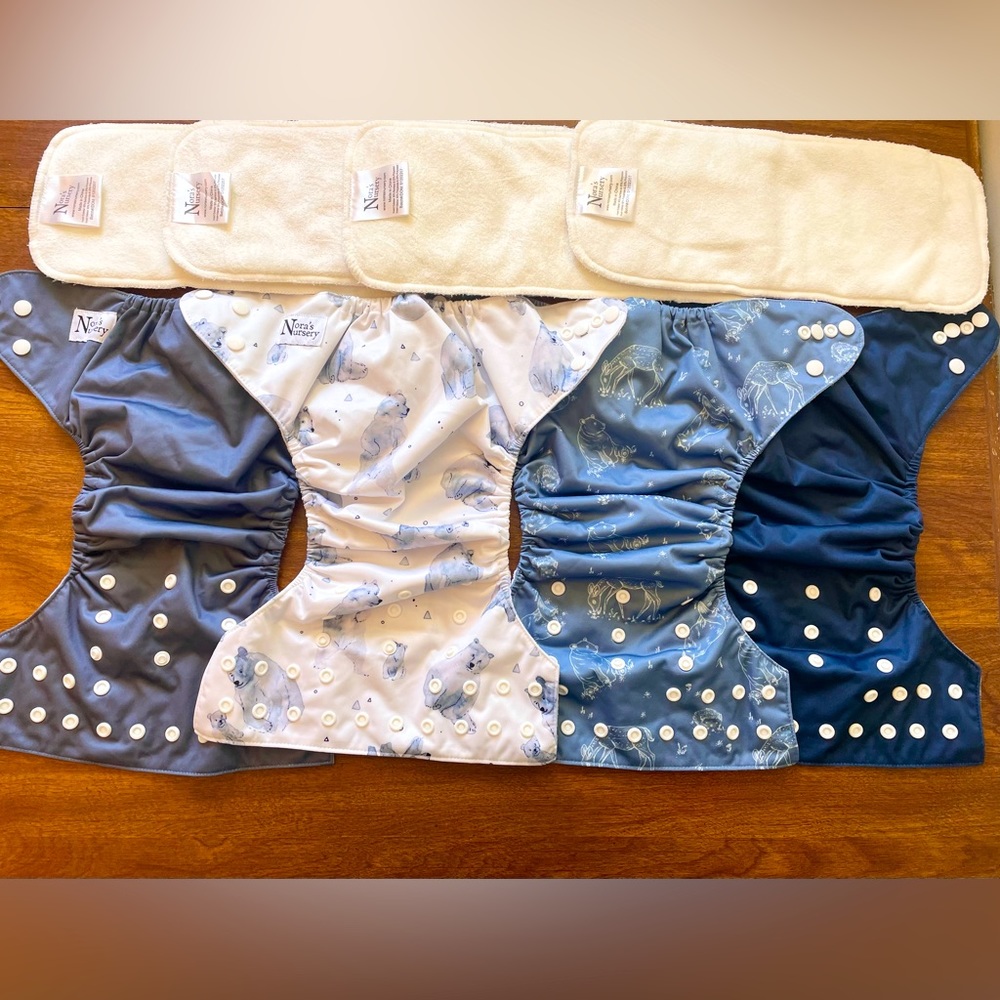 Nora’s Nursery One Size Pocket Diapers and Bamboo Inserts. New but washed